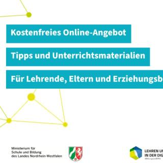 Netzstruktur und Logos zum Online-Angebot von „Kompetent im Netz“ mit Schriftzug: Kostenfreies Angebot, Tipps und Unterrichtsmaterialien. Für Lehrende, Eltern und Erziehungsberechtigte. 