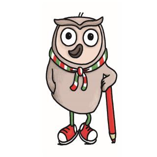 Eine Eule mit einem Schal in den nordrhein-westfälischen Landesfarben hält einen Buntstift im Flügel.