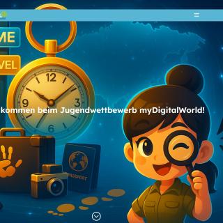 Ein junges Mädchen schaut durch eine Lupe, im Hintergrund sieht man unter anderem einen Koffer, eine Fotokamera, eine Uhr und einen Wegweiser mit der Aufschrift "Time Travel".