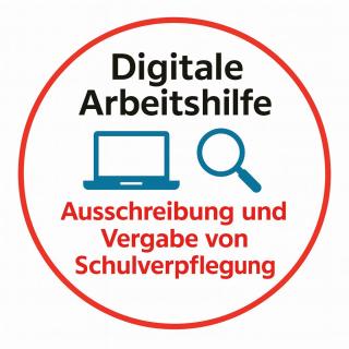 Das Logo der Digitalen Arbeitshilfe zur Ausschreibung und Vergabe von Schulverpflegung zeigt neben der Schrift einen Bildschirm und eine Lupe.