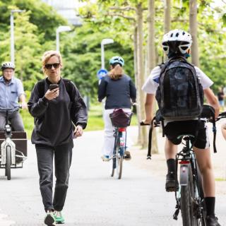 Radfahrer und Fußgänger bewegen sich auf einem Weg fort.