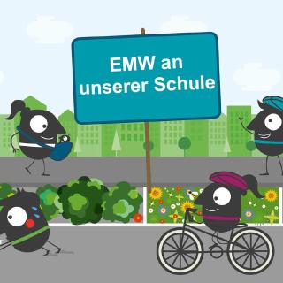 Ein Comic: Um ein Schild mit der Aufschrift "EMW an unserer Schule!" herum nehmen Kinder am Straßenverkehr teil.