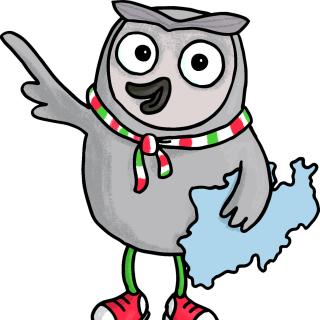 Das Maskottchen des Landtags NRW, die Eule Helene, hält eine Art Puzzlestück im Form der Umrisse NRWs unter dem Arm.