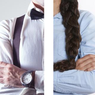 Zwei Bilder in einem, rechts der Oberkörper einer Frau, links der Oberkörper eines Mannes. 