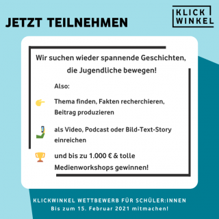 Logo des Wettbewerbs Klickwinkel mit einem Aufruf zur Teilnahme