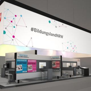 3d-Entwurfszeichnung des Messestandes des Schulministeriums auf der didacta 2019.