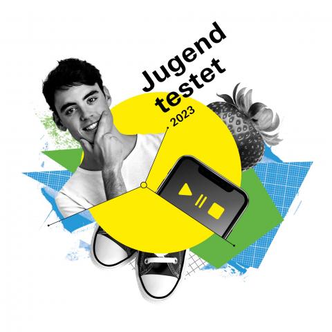 Das Logo des Wettbewerbs "Jugend testet" besteht aus einer Collage aus u.a. dem Schriftzug mit dem Wettbewerbstitel, einem Handy und einem jungen Mann, der nachdenklich guckt.