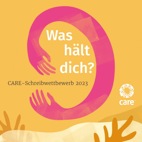 Zwei Hände umgreifen das Motto des CARE-Schreibwettbewerbs 2023: "Was hält dich?"